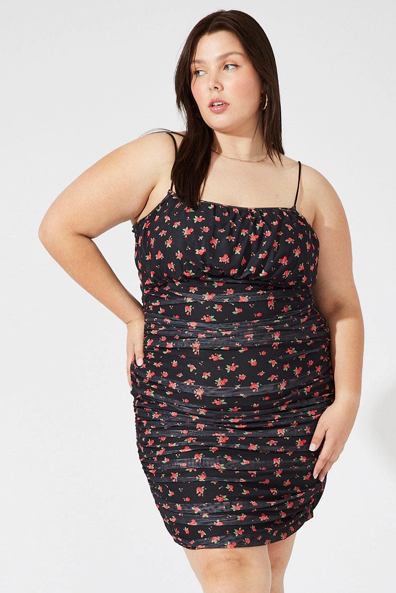 Street Flex Fresh Palette Red Ditsy Mesh Ruched Dress