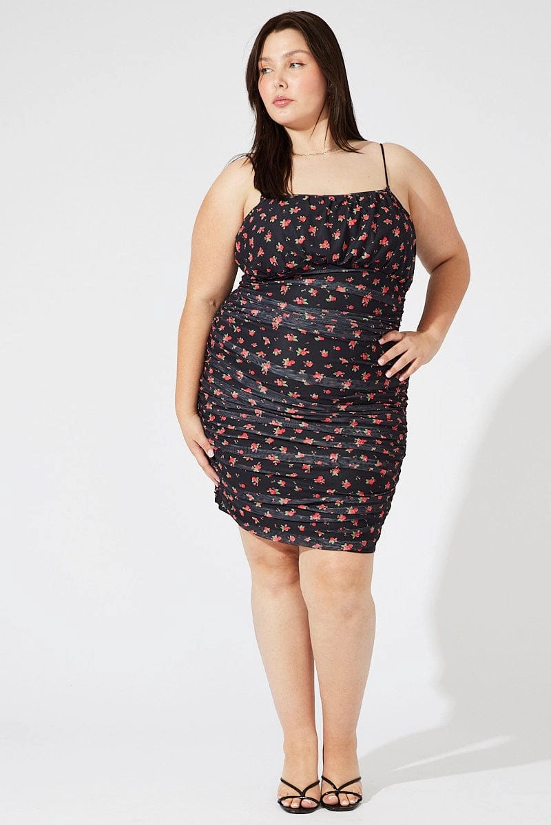 Perfect Fit Wear Evening Ready Red Ditsy Mesh Ruched Dress