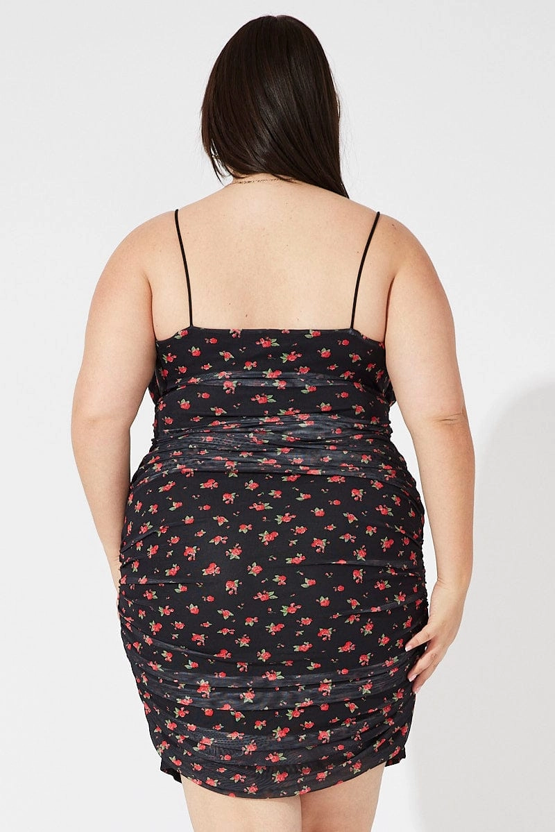 Quiet Sweet Soft-Lining Red Ditsy Mesh Ruched Dress