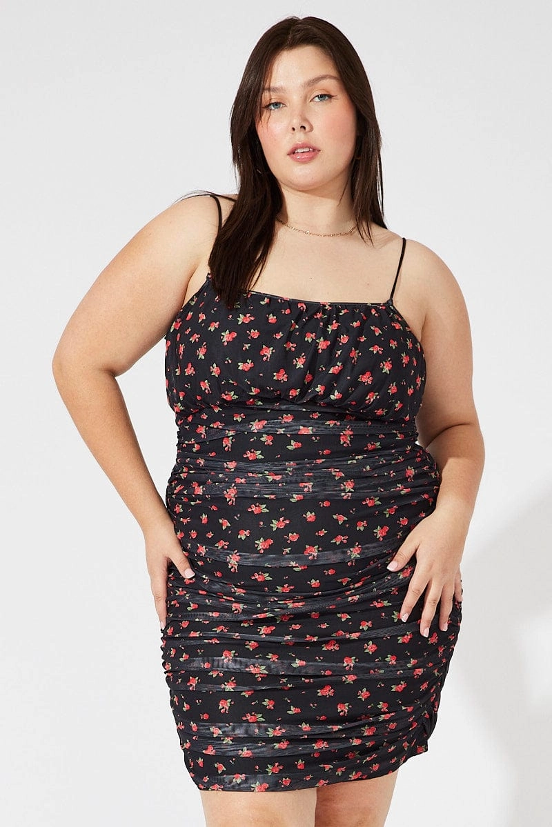 Shiny Zip Casual Chic Red Ditsy Mesh Ruched Dress
