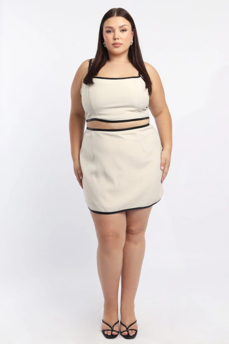 Beige Mini Skirt PU Trim Reinforced Pockets