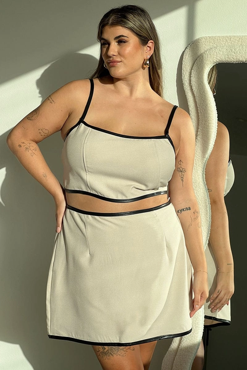 Beige Mini Skirt PU Trim Split hem Floor Length