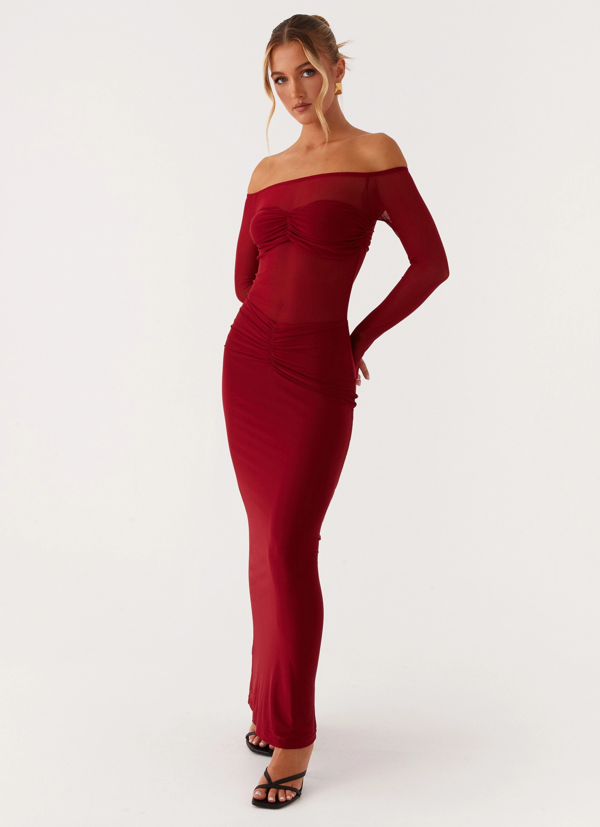 Divine Beauty Mesh Maxi Dress - Maroon Soft Curve Satin Layers