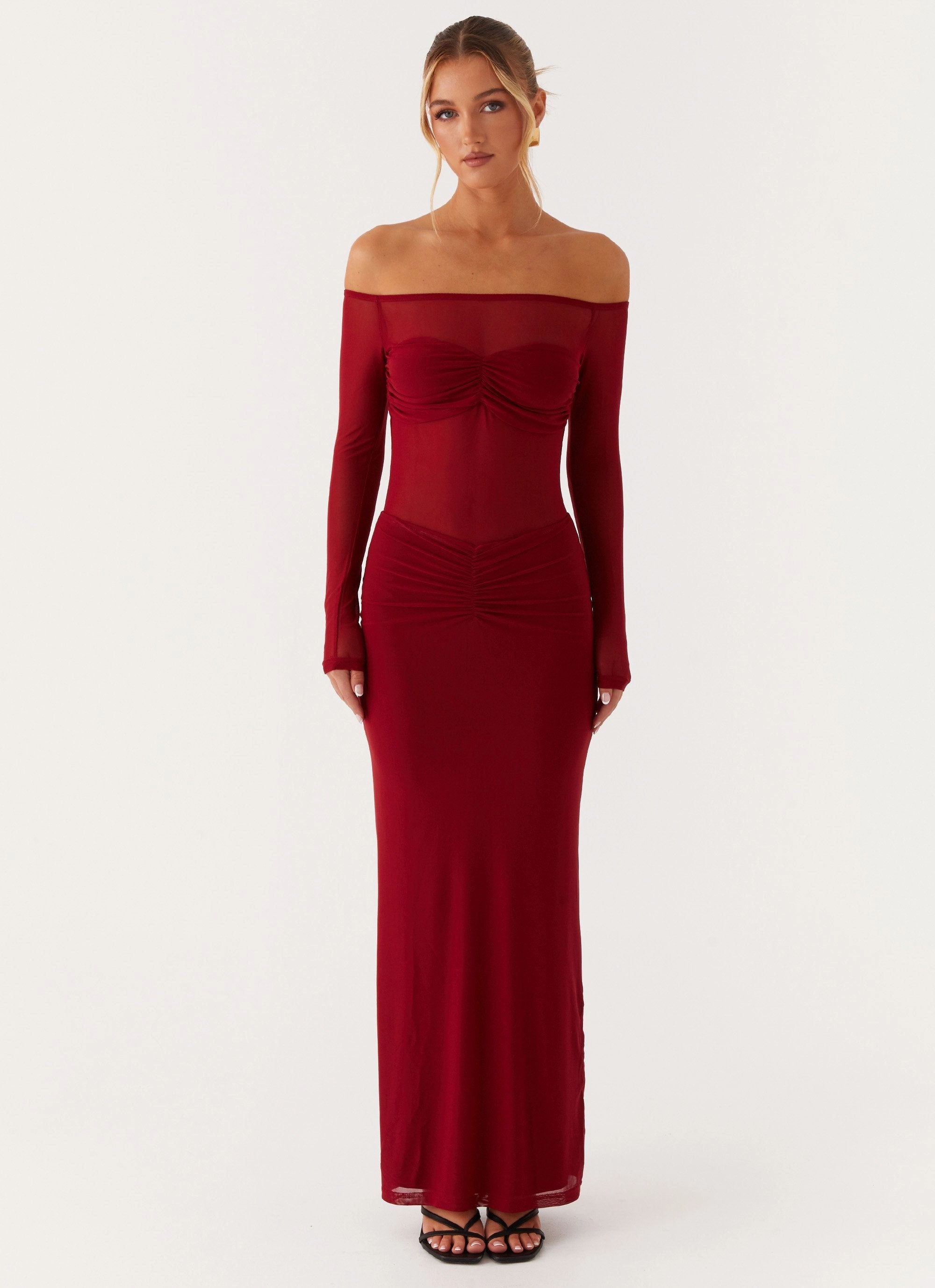 Pleat Breeze Divine Beauty Mesh Maxi Dress - Maroon