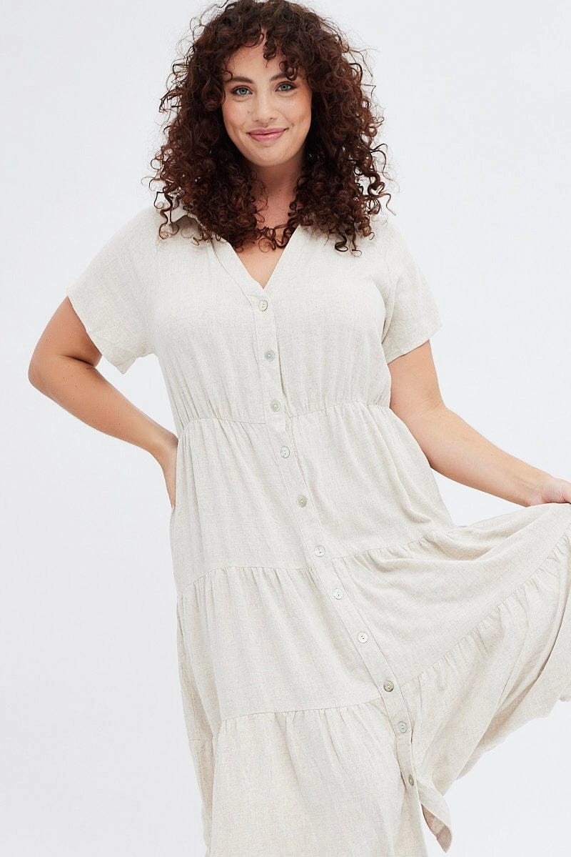 Beige Shirtdress Midi Button Linen Blend Short Sleeve Office Wear