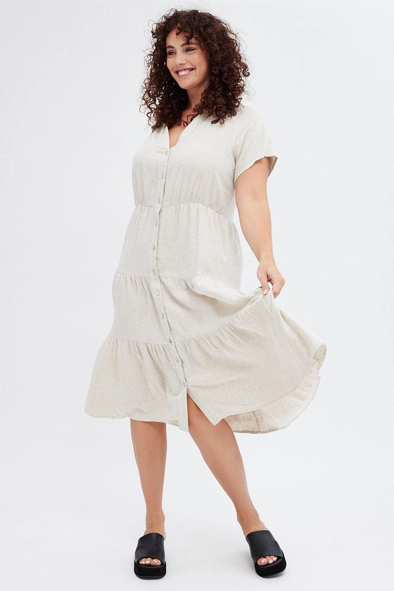 Beige Shirtdress Midi Button Linen Blend Short Sleeve Nordic Calm