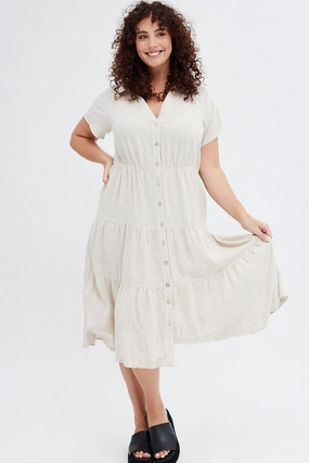 Contrast-Piping Beige Shirtdress Midi Button Linen Blend Short Sleeve