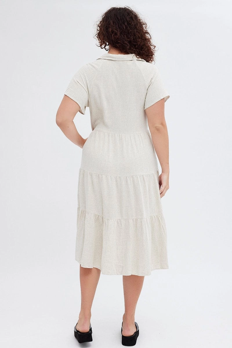 Beige Shirtdress Midi Button Linen Blend Short Sleeve Sun-Protective