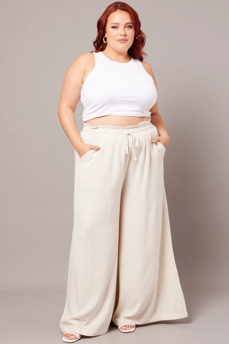 Beige Wide Leg Pants High Rise Athletic Flex Wear SeamlessConstruction