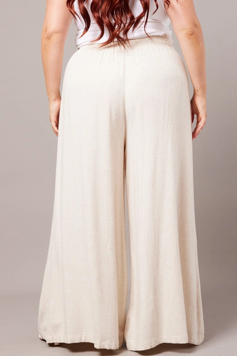 Beige Wide Leg Pants High Rise Breathable Weave Fabric Perfect Look