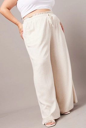Elastic waist Breathable Stretch Wear Beige Wide Leg Pants High Rise