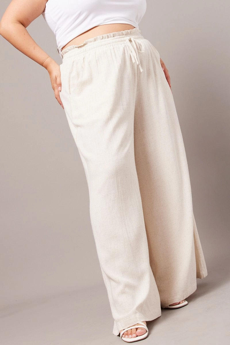 Elastic waist Breathable Stretch Wear Beige Wide Leg Pants High Rise