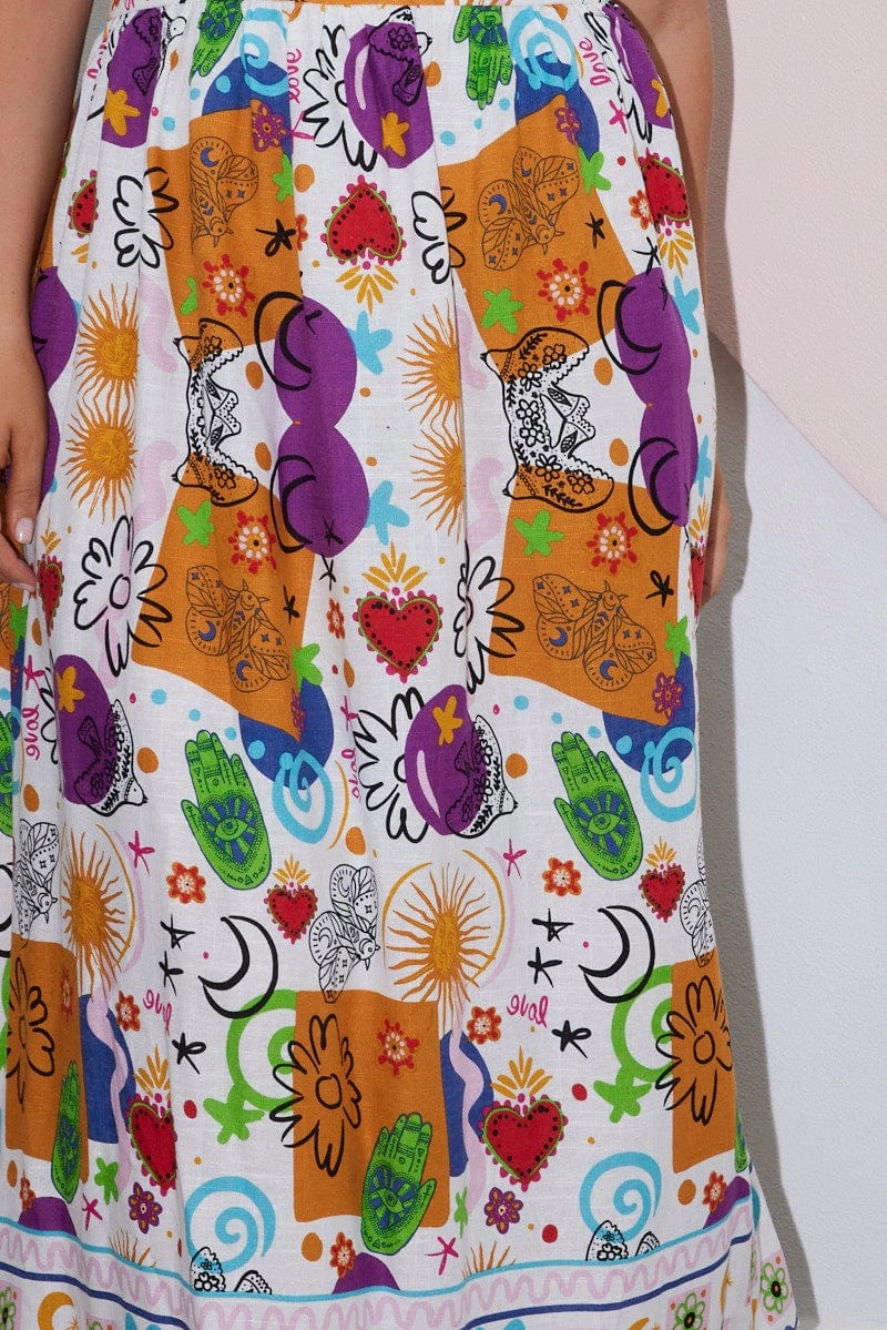 Multi Abstract Midi Dress Sleeveless Linen Blend Elegant Vibe