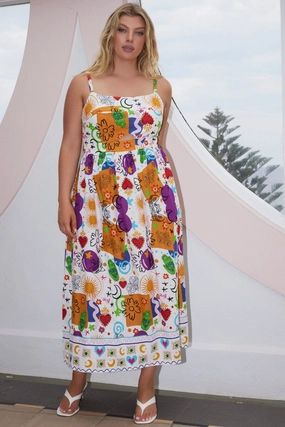 Multi Abstract Midi Dress Sleeveless Linen Blend Shine Moment Ethically-Made