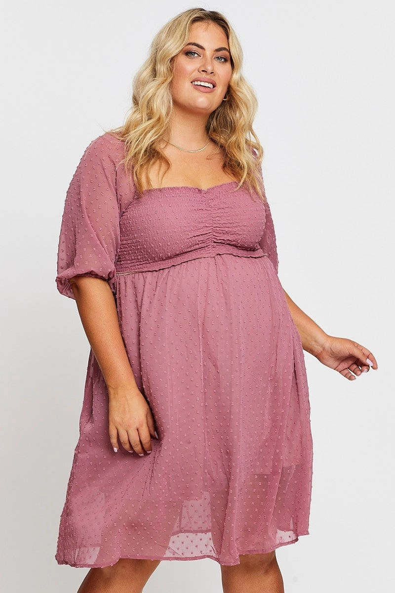 Classic Fit Dressy Yet Comfortable Pink 3/4 Sleeve Chiffon Flocked Midi Dress