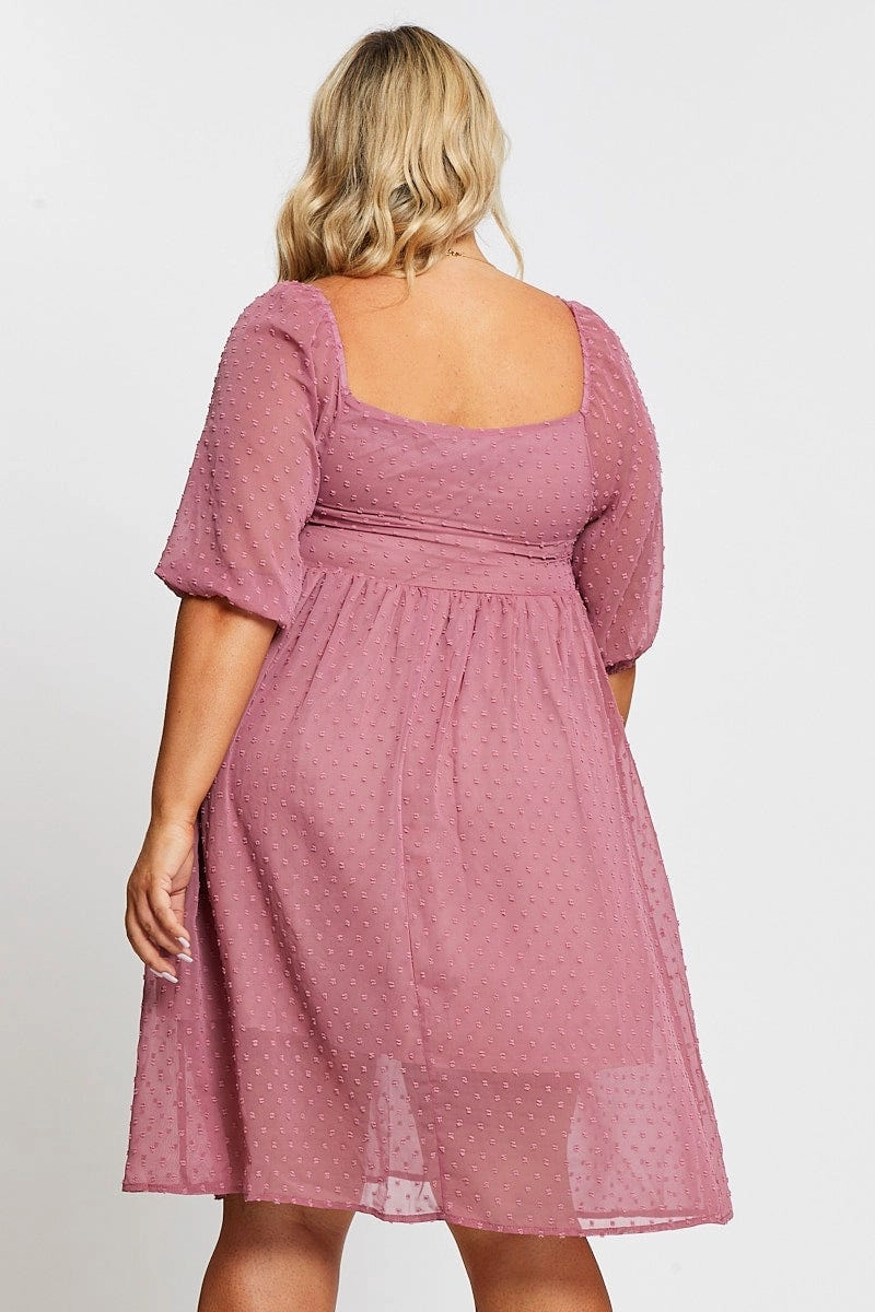 Fold-Over-Detail Happy Fit Pink 3/4 Sleeve Chiffon Flocked Midi Dress