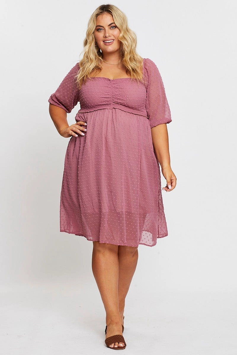 Pink 3/4 Sleeve Chiffon Flocked Midi Dress Polished Tailoring Lunch Date