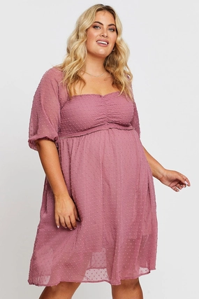 Classic Fit Dressy Yet Comfortable Pink 3/4 Sleeve Chiffon Flocked Midi Dress