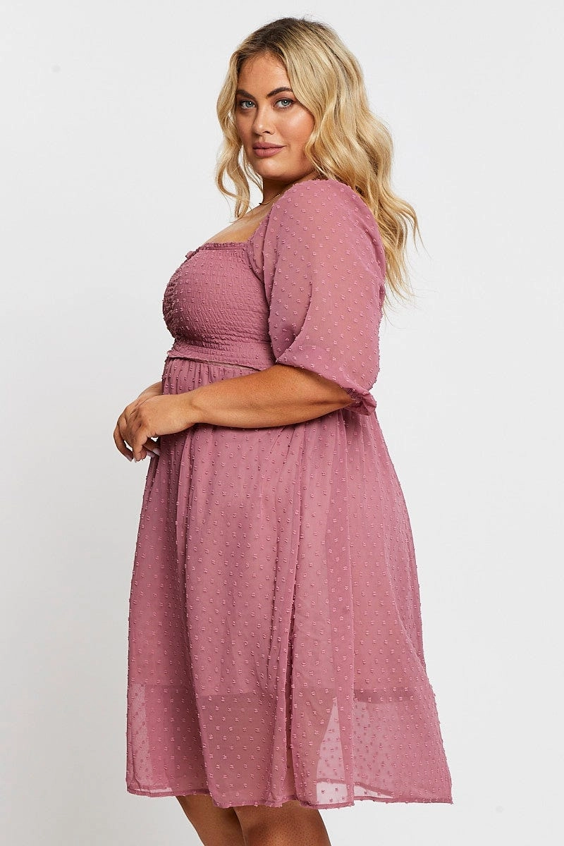 Pink 3/4 Sleeve Chiffon Flocked Midi Dress Warm Touch