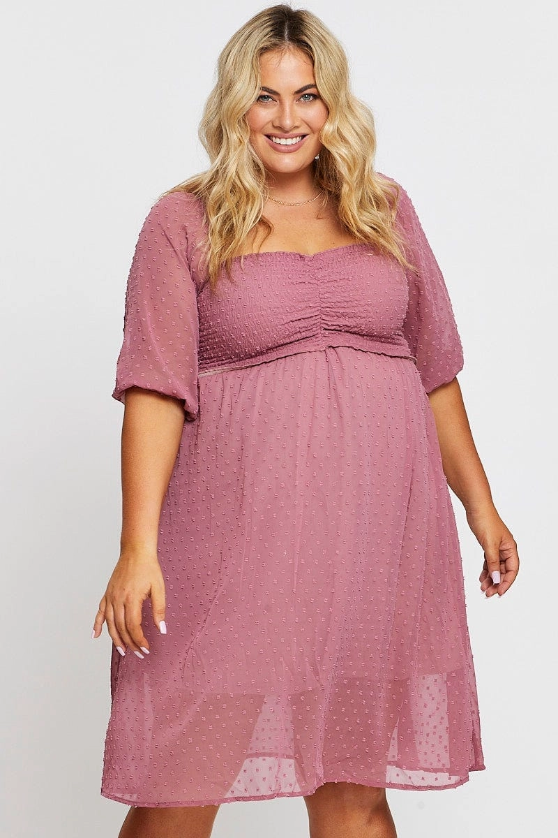 Pink 3/4 Sleeve Chiffon Flocked Midi Dress Work Look Soft-touch daywear