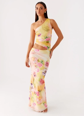 Sunny Lace Color-Blocked Seranella One Shoulder Maxi Dress - Sunburst Floral