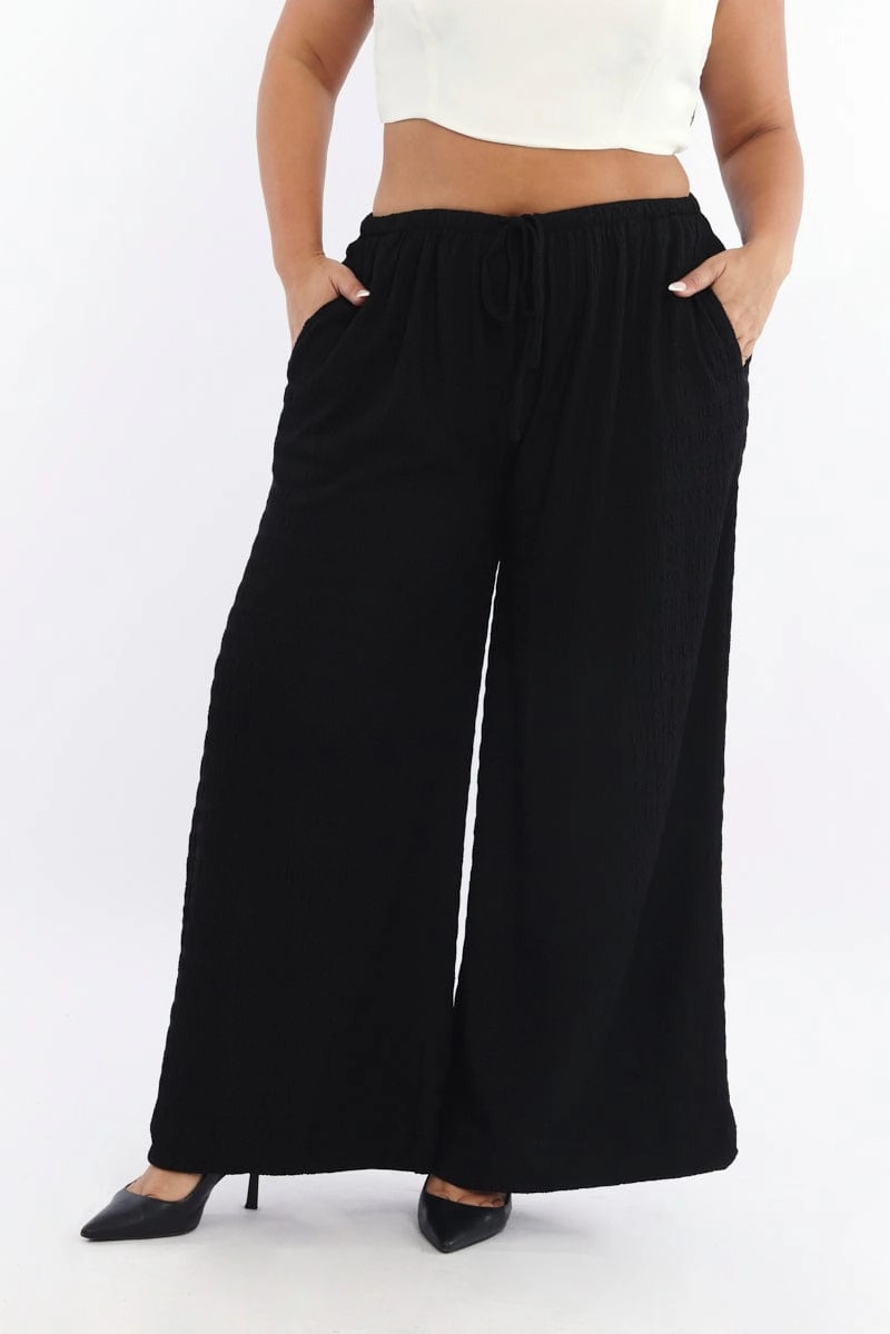 Black Textured Drawstring Waist Wide Leg Pants Casual Appeal Lightweight Fit