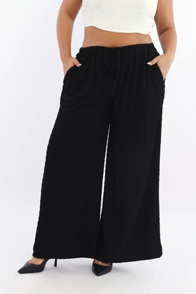 Black Textured Drawstring Waist Wide Leg Pants Casual Appeal Lightweight Fit