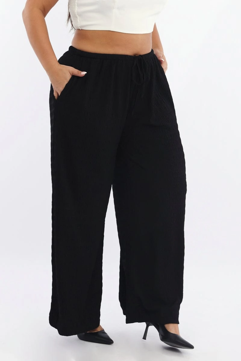 Odor Control Fabric Black Textured Drawstring Waist Wide Leg Pants