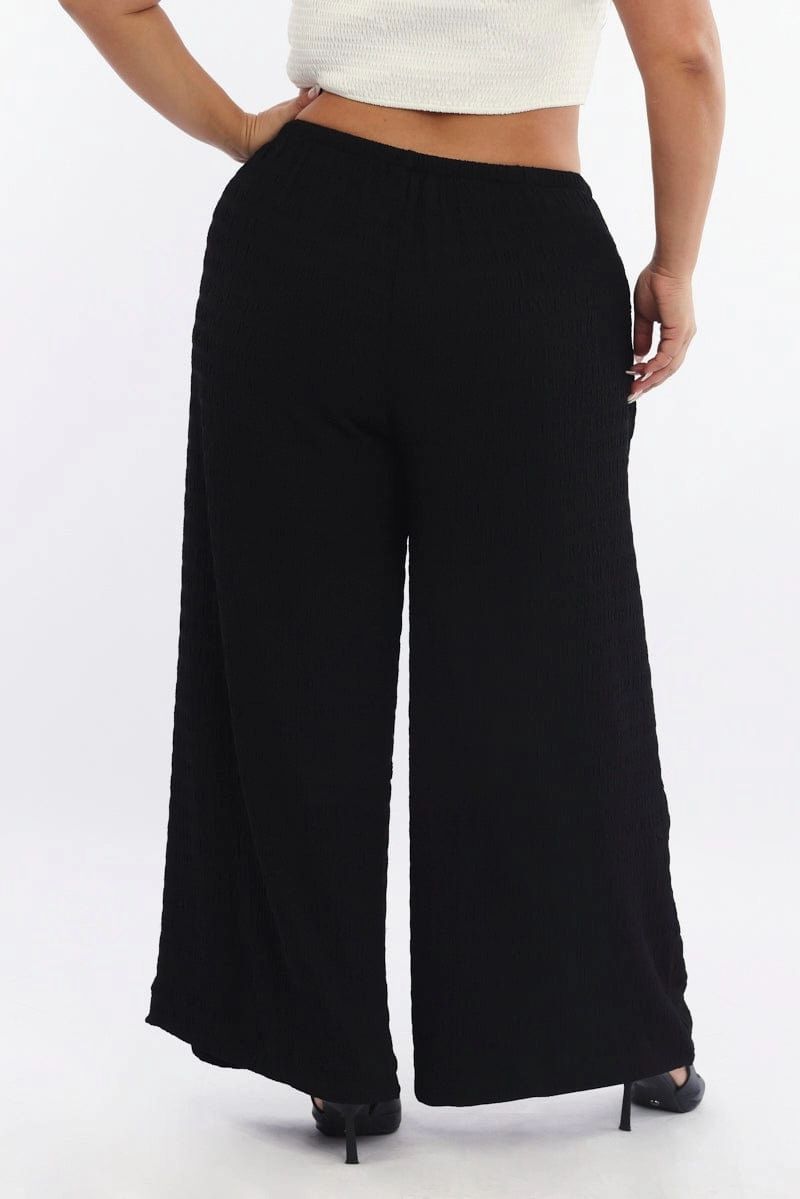 Black Textured Drawstring Waist Wide Leg Pants Hiking Gear Sporty Fit Design