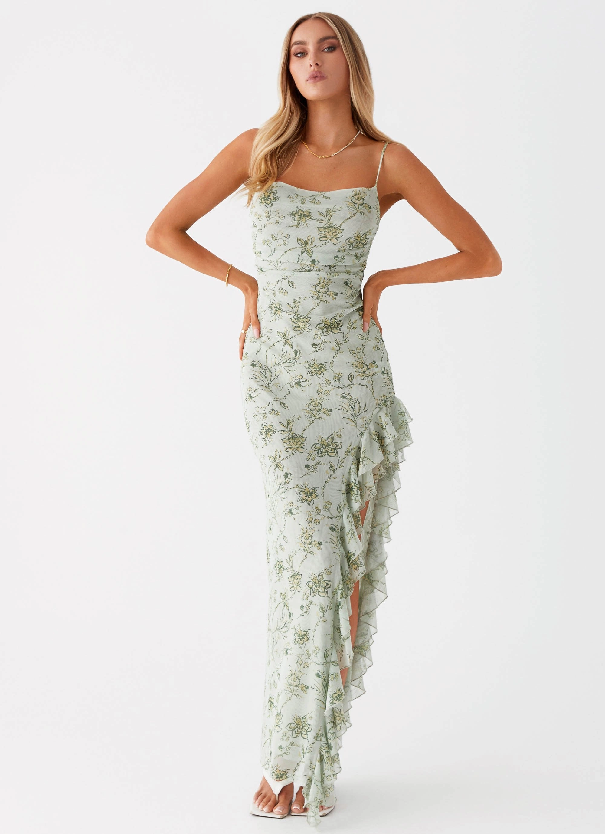 Sleek and Simple Flared-Hem Princessa Maxi Dress - Sage Floral