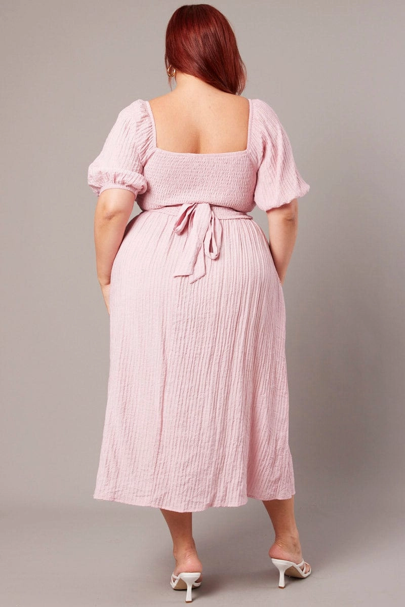 Lounge Mood Tear-resistant Pink Midi Dress Textured Wrapover Elastic Waist Detail