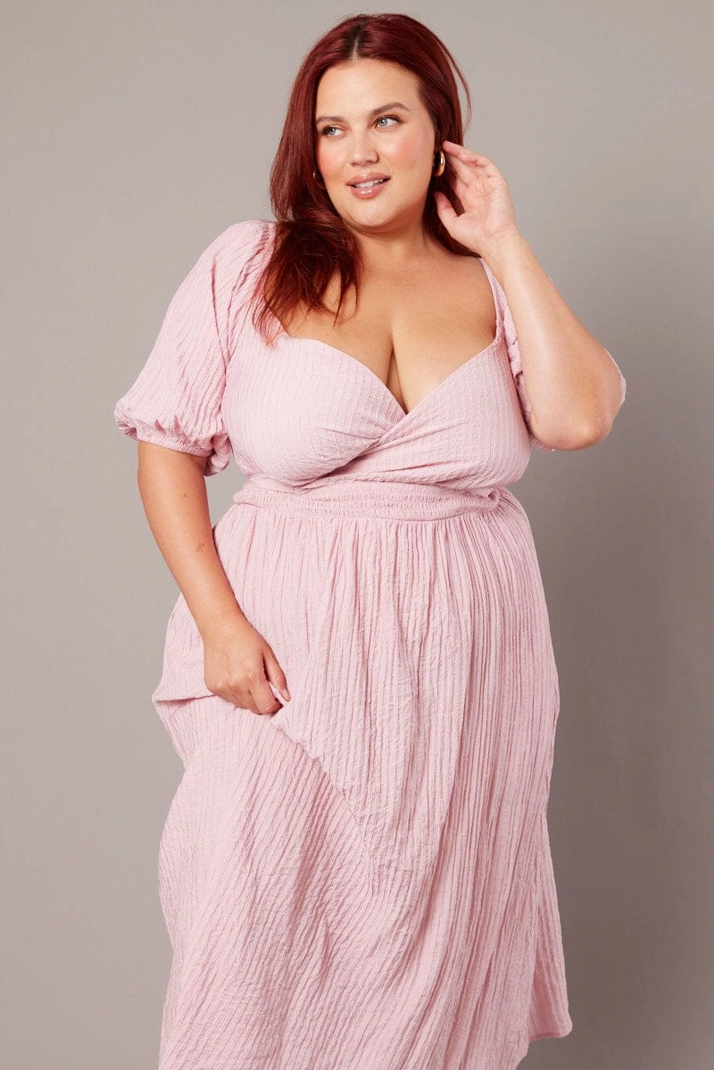 Pink Midi Dress Textured Wrapover Elastic Waist Detail Modern-style Gender Free