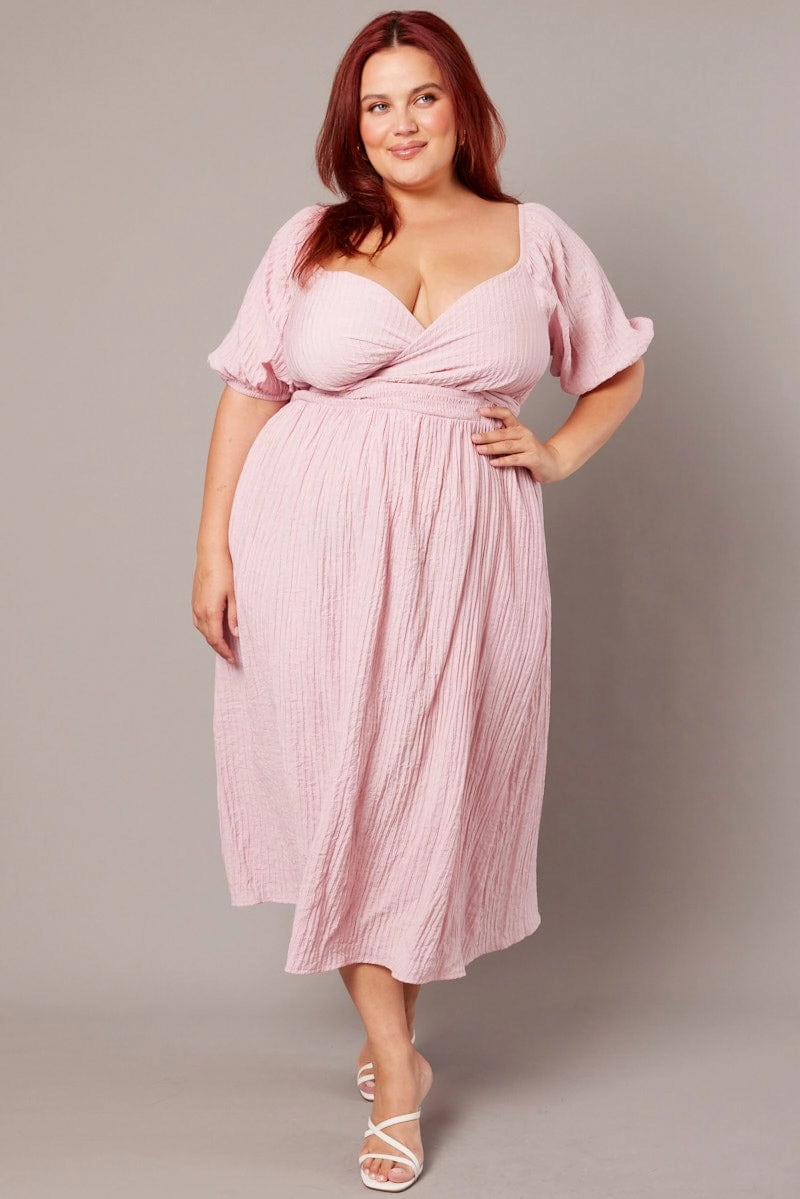 Pink Midi Dress Textured Wrapover Elastic Waist Detail Smart Layers Influencer-Style