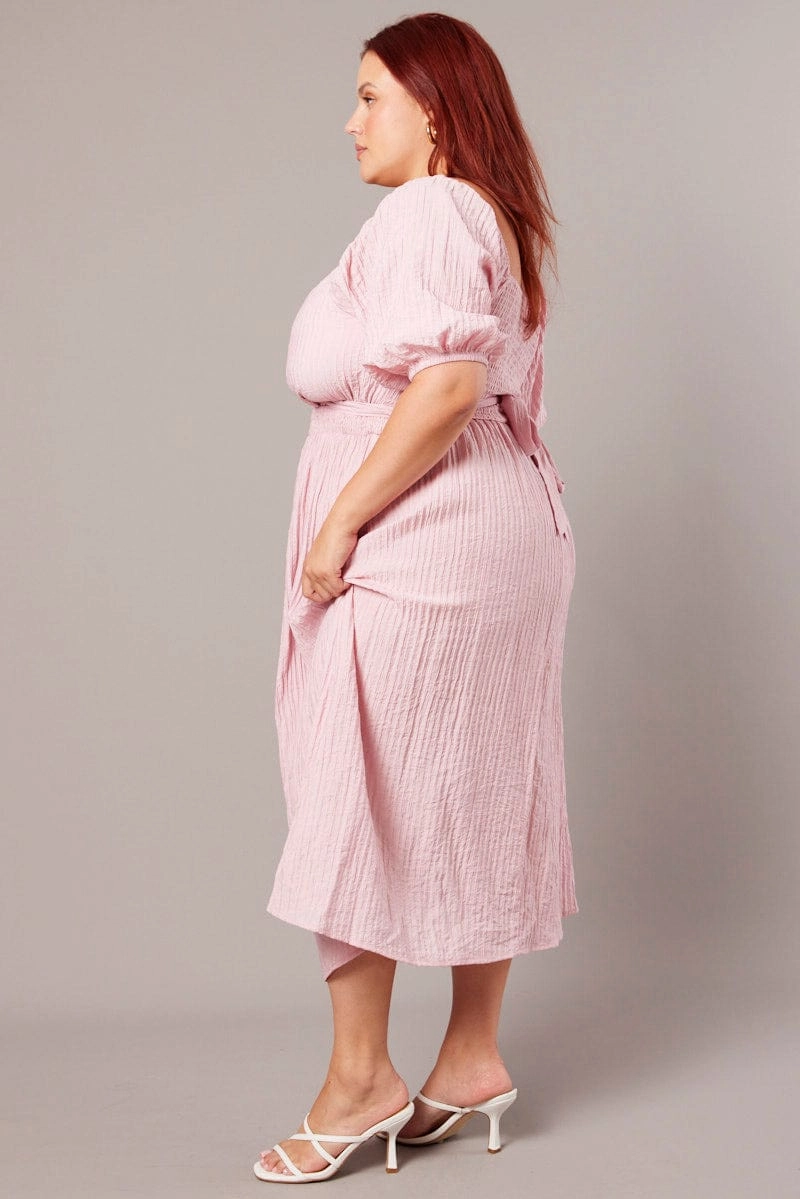 Fresh Stitch Shade Soft Pink Midi Dress Textured Wrapover Elastic Waist Detail