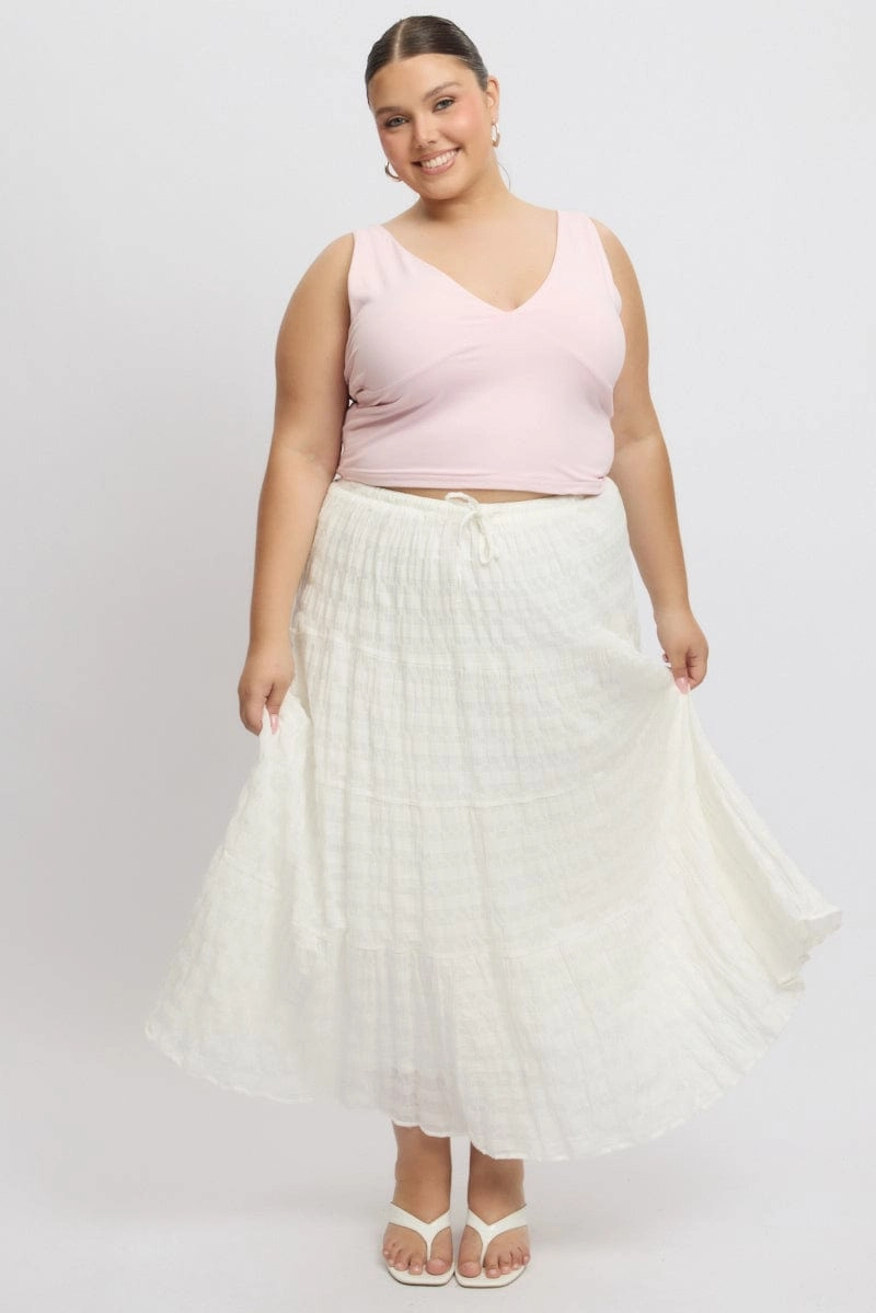 White Textured Tiered Maxiskirt Geometric Print Cozy Vibe