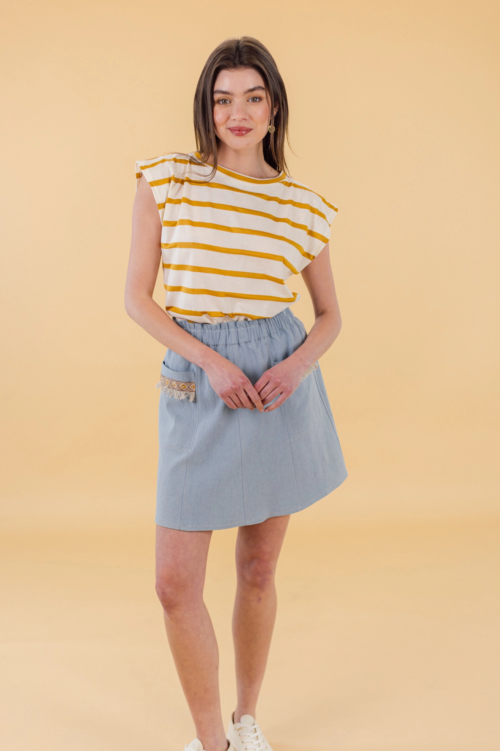Top Aria Mustard Stripes Lightweight Weave