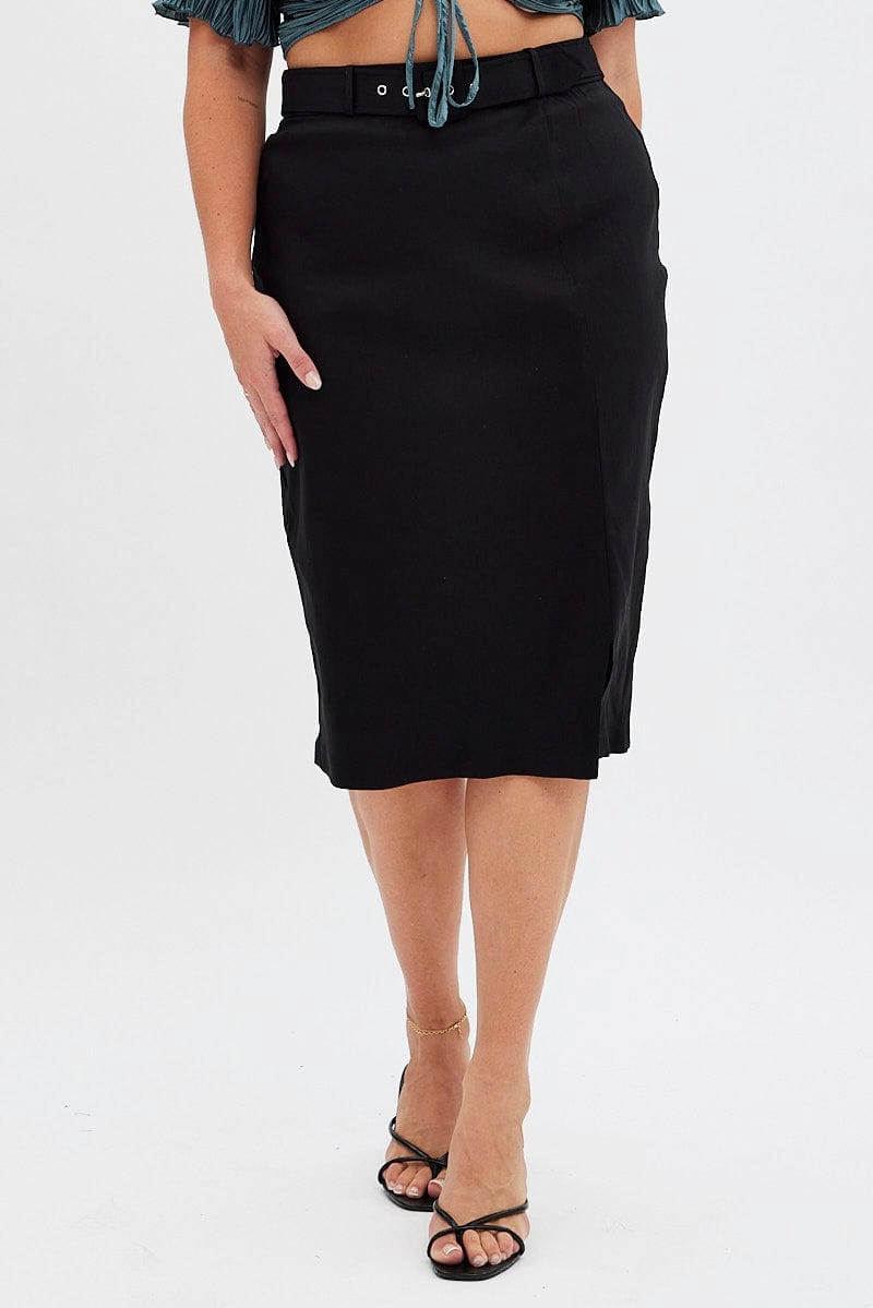 Black Midi Skirt Tailored Work Pencil With Attached Belt Timeless Wear Adjustable Closure