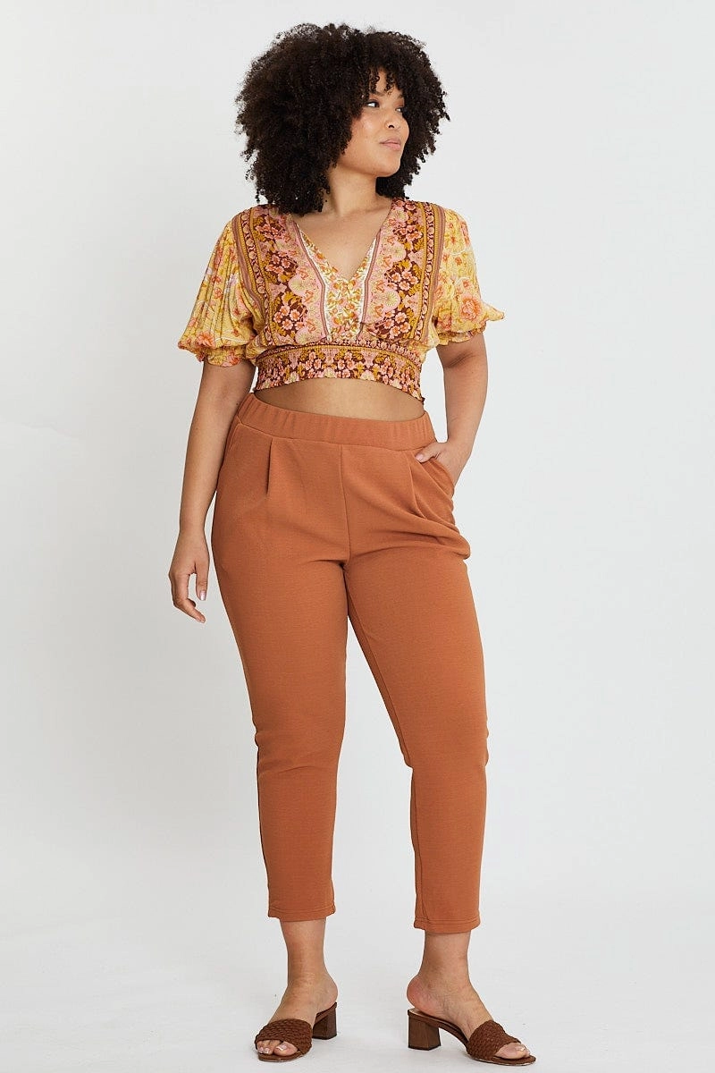 Beige Mid Rise Black Slim Pants Gusseted Crotch Flexible Knee Articulation