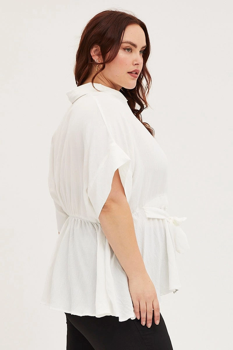 White Shirt Short Sleeve Tie Front Plus size option