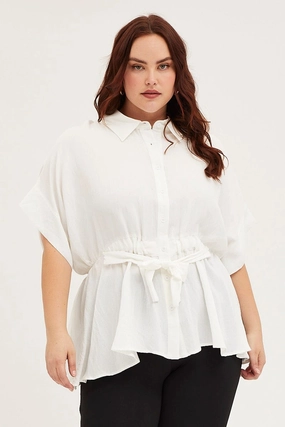 White Shirt Short Sleeve Tie Front All Purpose Weave Design