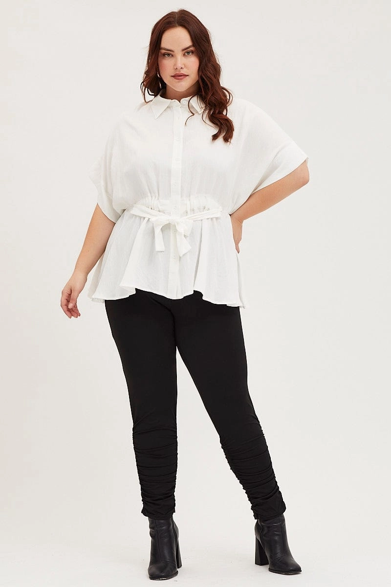 White Shirt Short Sleeve Tie Front Chambray Fabric