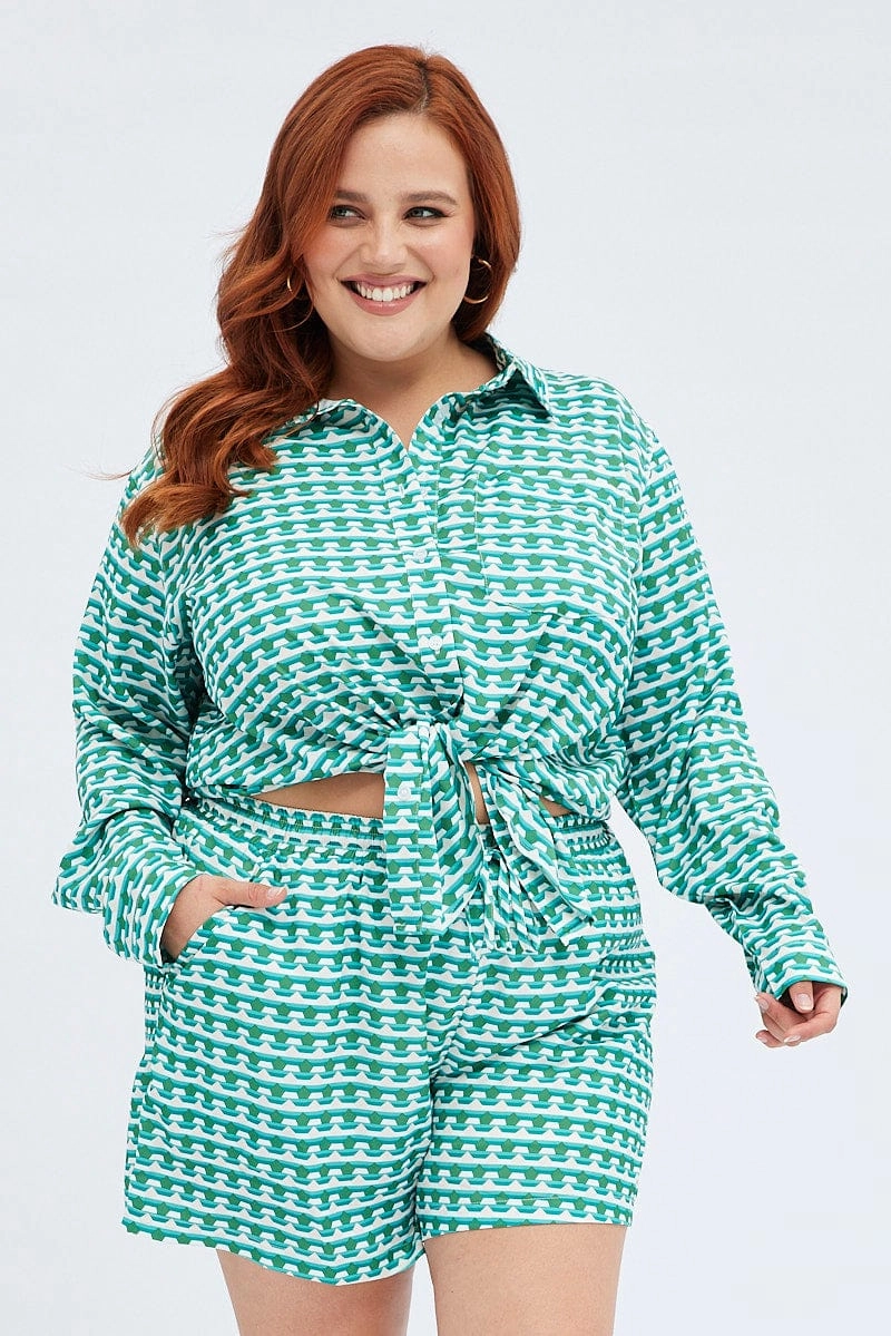 Green Geo Mini Shorts High Rise Elasticated Waist sports industry