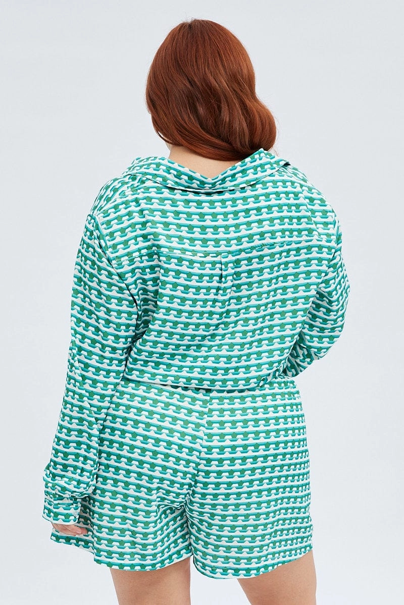 Green Geo Mini Shorts High Rise Elasticated Waist Chic Comfort