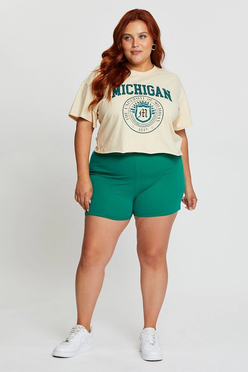 White Crop T-shirt Michigan Short Sleeve Cotton Semi Casual Flex Wear