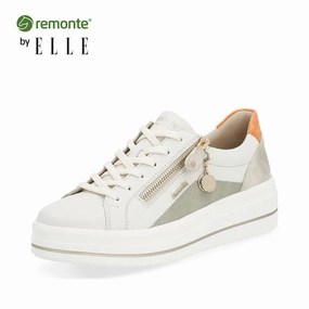 Remonte by Rieker Women's Julika Leather Low-Top Sneaker - Off White/Salbei/Muschel/Orange High Top Style