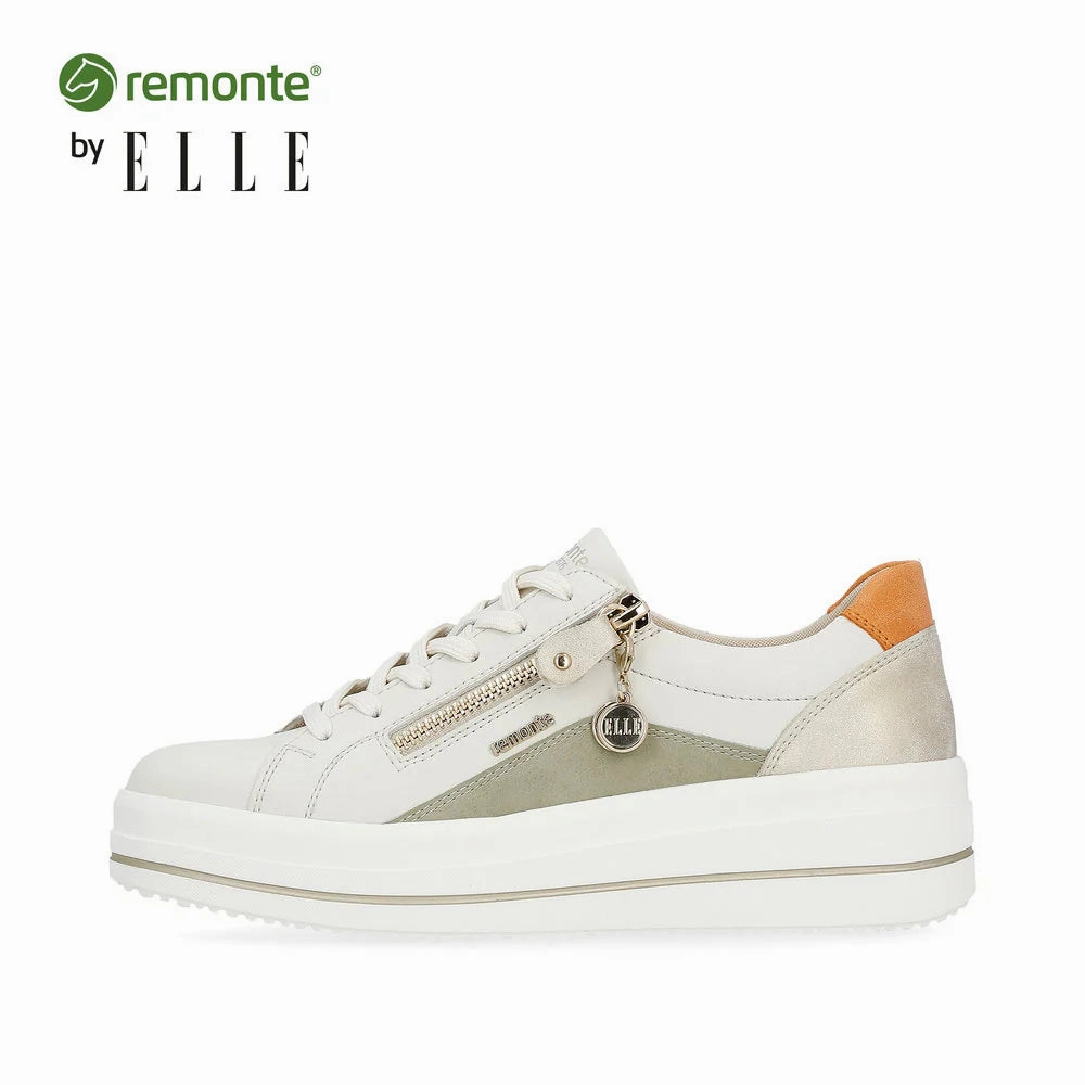 Style Blend Flexible Toe Box Remonte by Rieker Women's Julika Leather Low-Top Sneaker - Off White/Salbei/Muschel/Orange