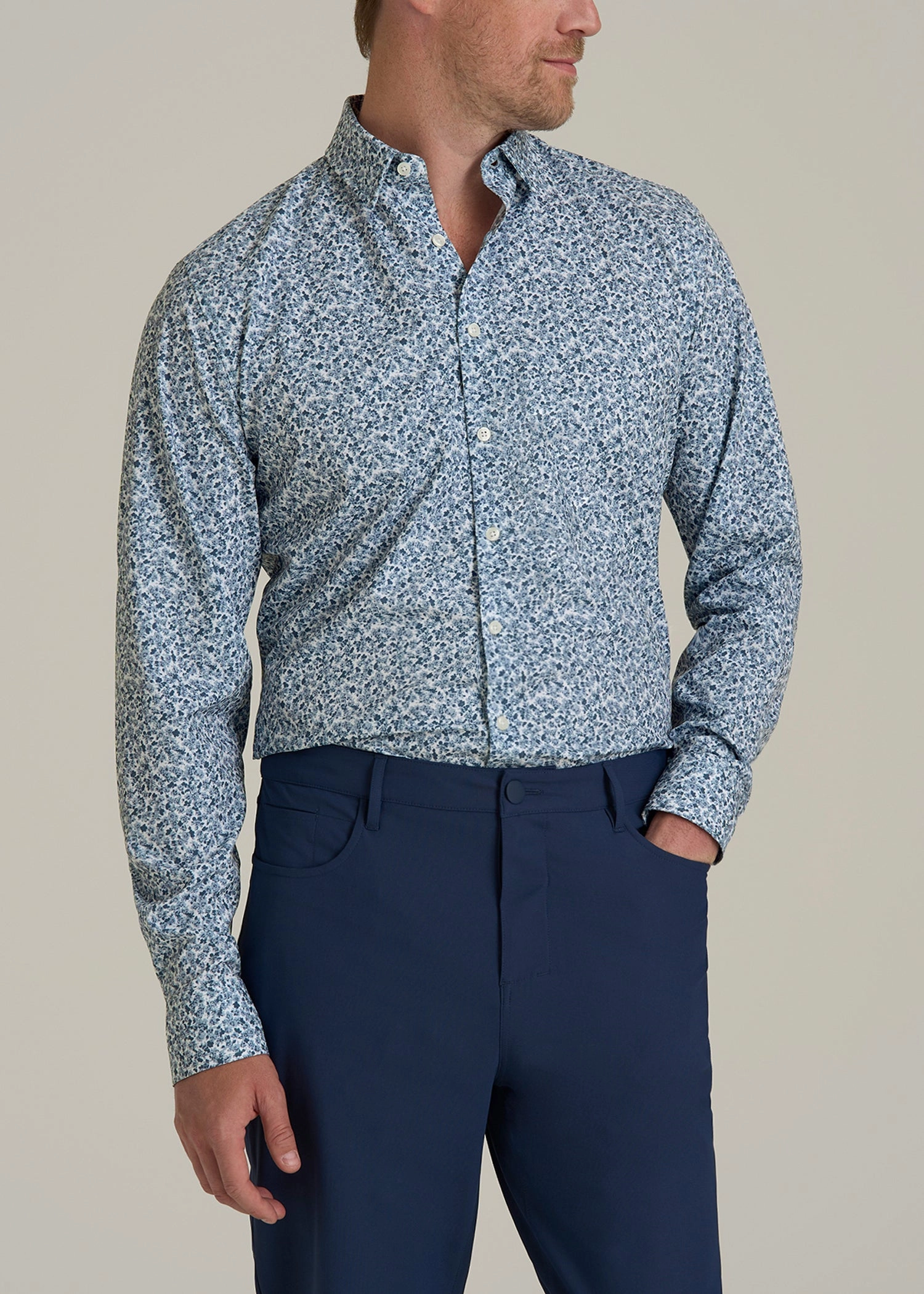 Traveler Stretch Dress Shirt for Tall Men in Blue Scattered Floral retro look