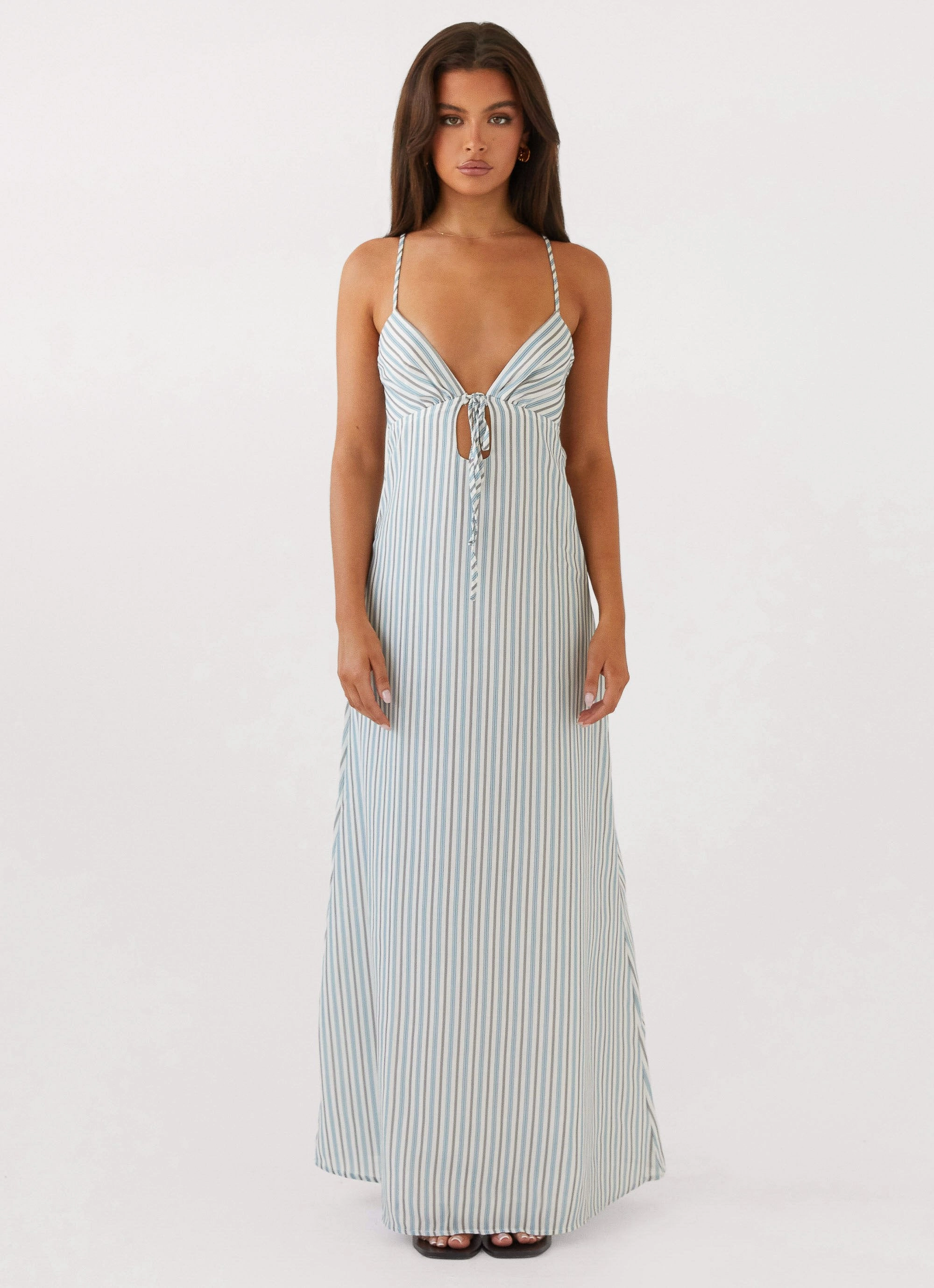 Flora Linen Maxi Dress - Blue Choc Stripe Clean Drape Sleek Texture