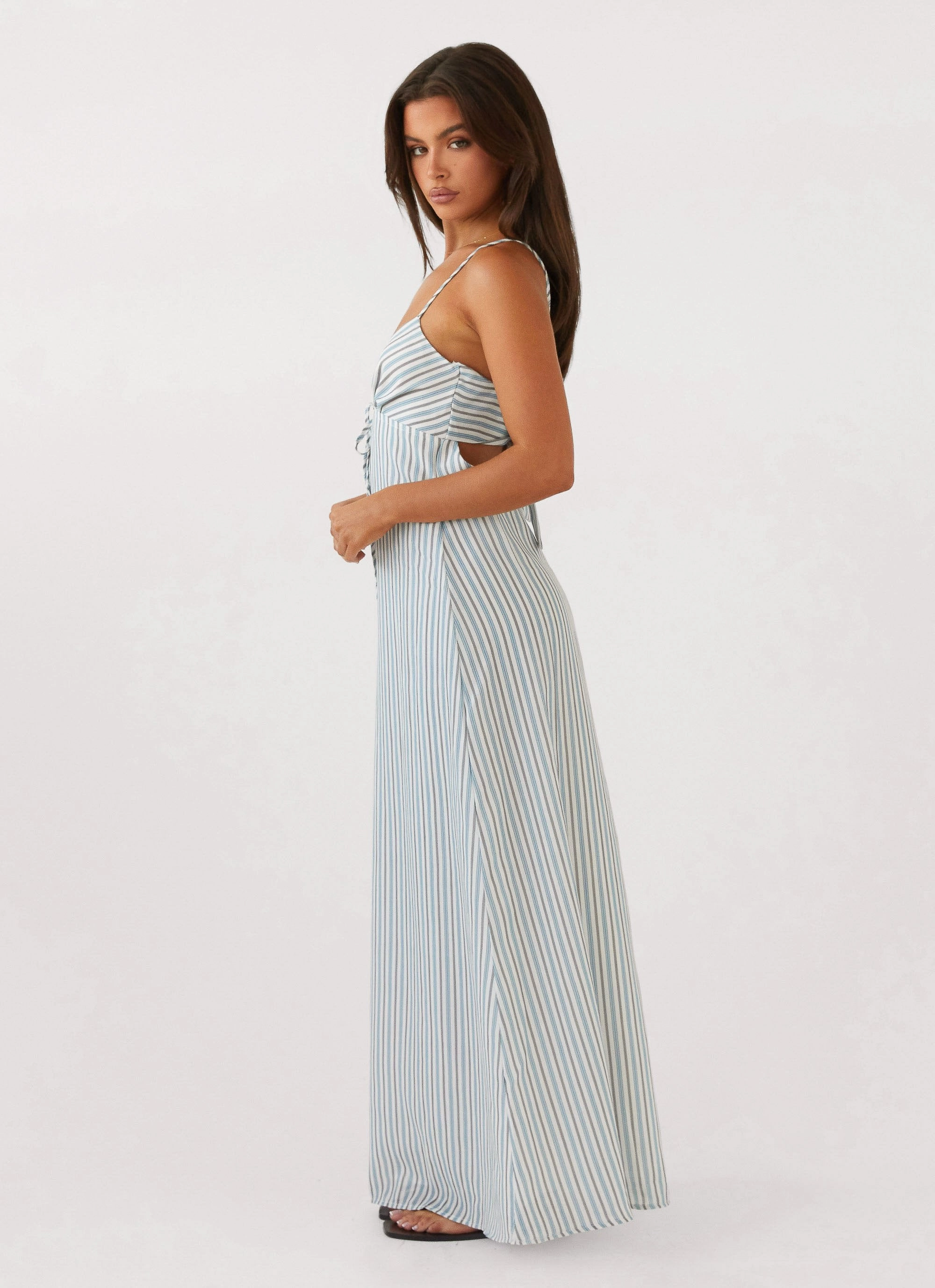 Flora Linen Maxi Dress - Blue Choc Stripe garden party