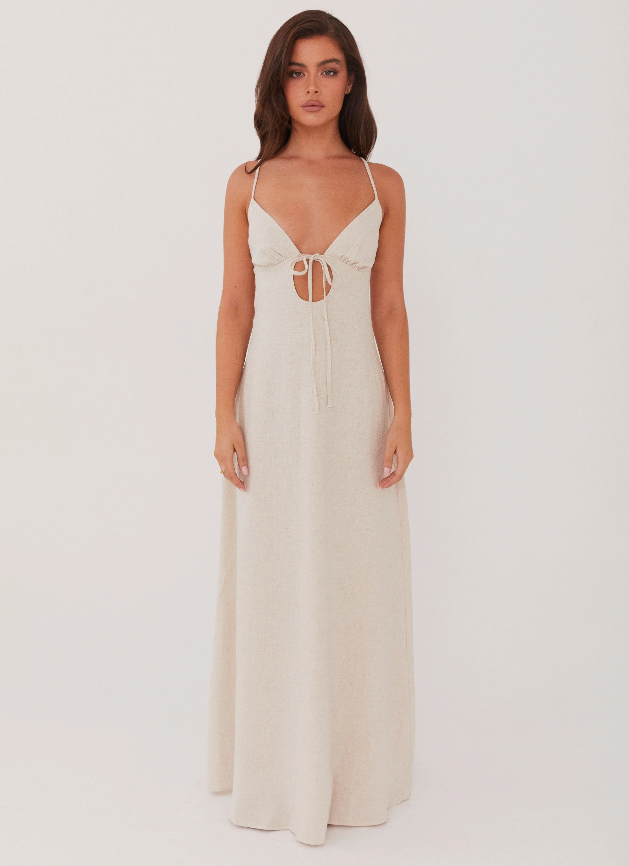 Casual Essential Unique Cut Flora Linen Maxi Dress - Oatmeal